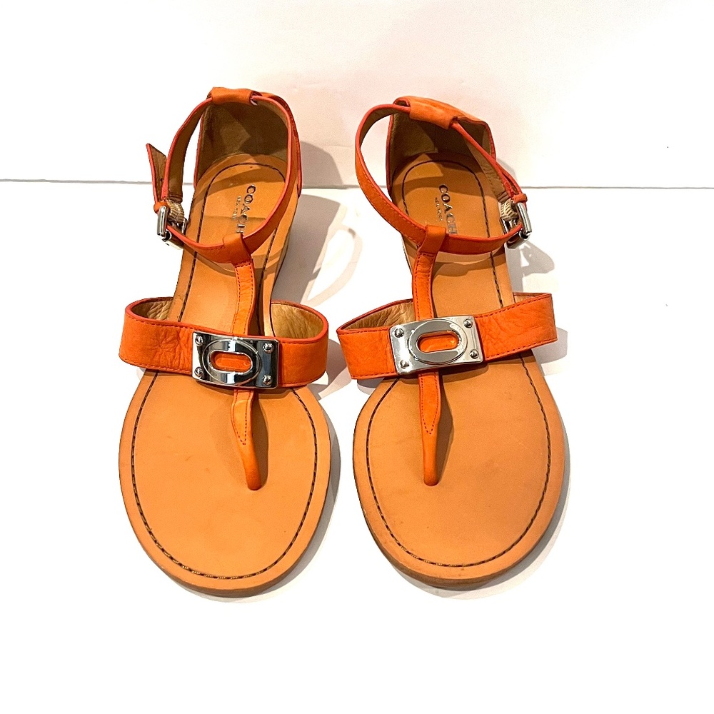COACH Ines Papaya Orange Leather Sandal with Silver Hardware - Size 8.5